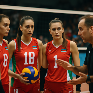 Azerbaijani women’s volleyball players gather in a focused huddle on an indoor court before