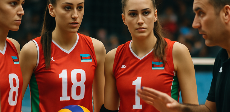 Azerbaijani women’s volleyball players gather in a focused huddle on an indoor court before