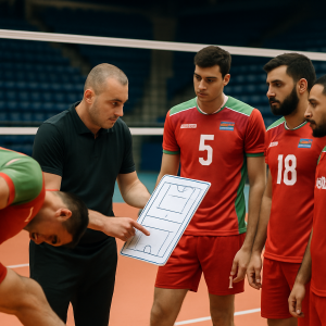 Azərbaycan kişi voleybol millisinin məşq zalında taktiki planı müzakirə etməsi.