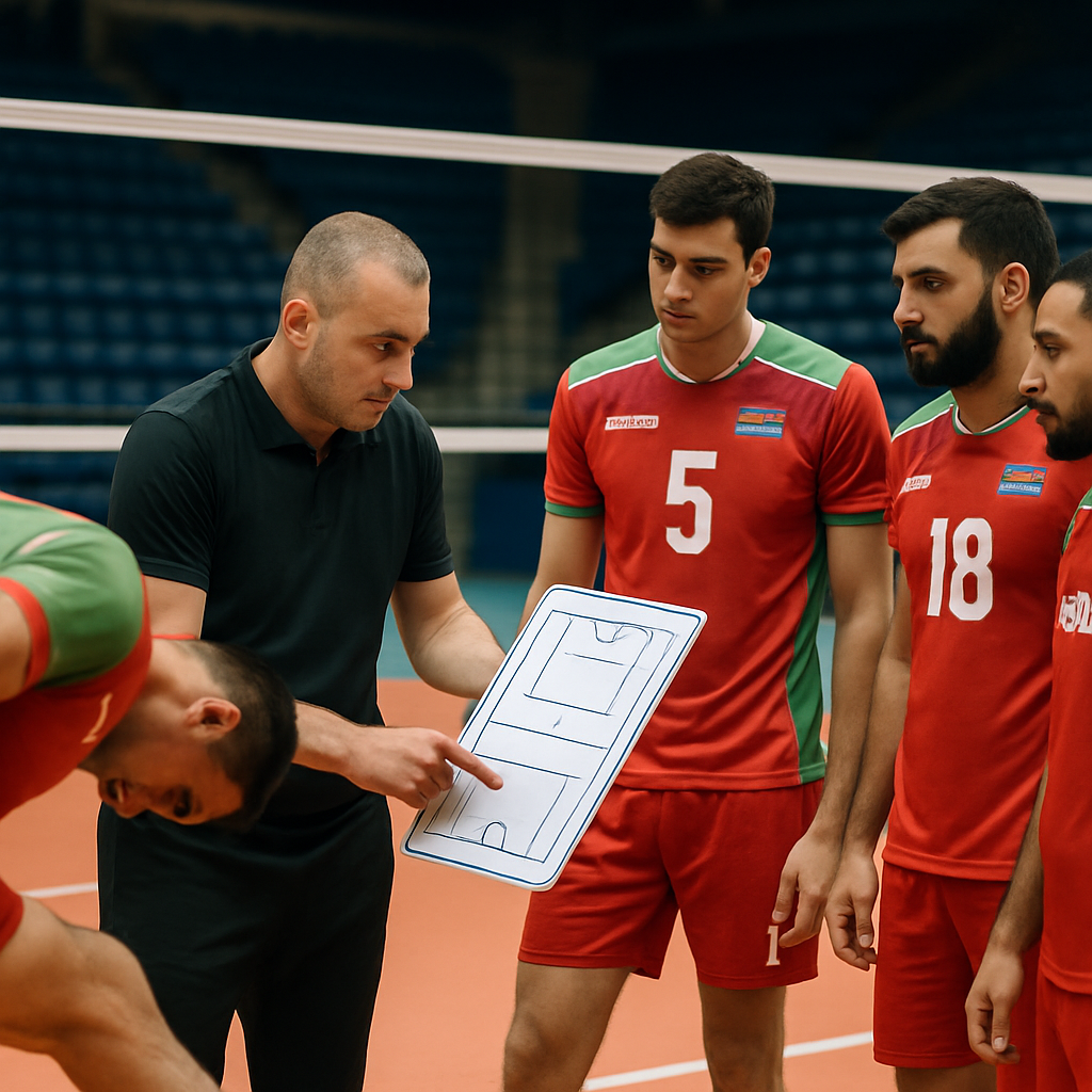 Azərbaycan kişi voleybol millisinin məşq zalında taktiki planı müzakirə etməsi.