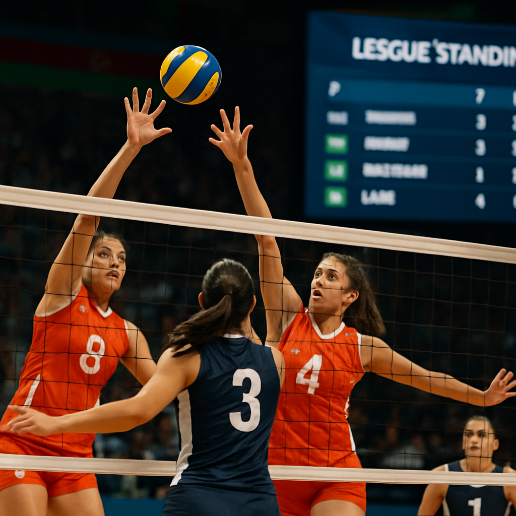 Volleyball players compete as a scoreboard and standings display illustrate how match results shape