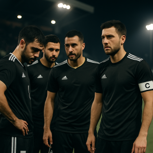 Azerbaijani footballers prepare for a European match under stadium lights, with their next opponents