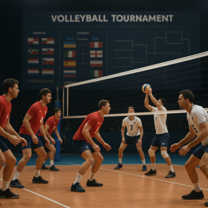 International volleyball teams warm up on opposite sides of an indoor court, with a