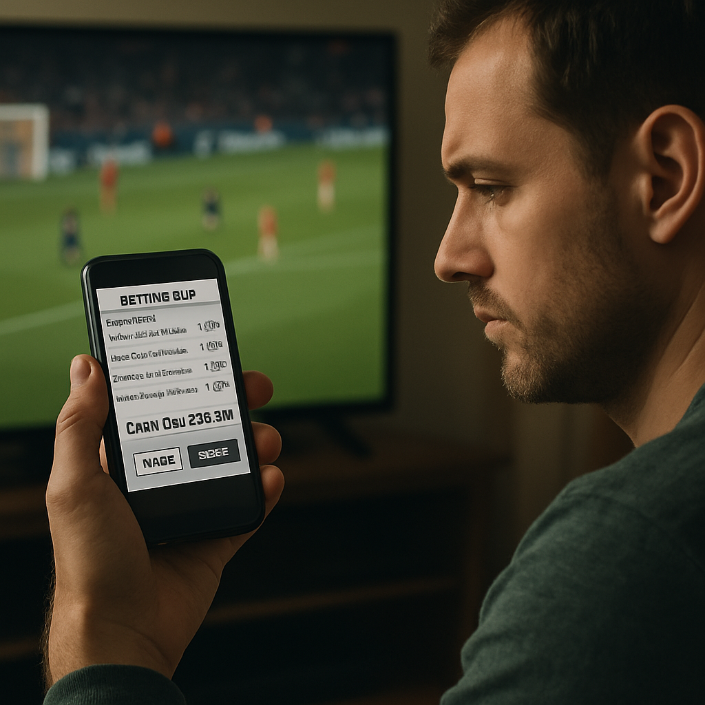 A football fan considers a cash-out offer on a phone while the match continues